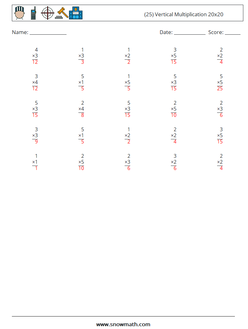 (25) Vertical Multiplication 20x20 Maths Worksheets 10 Question, Answer