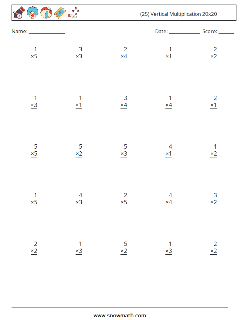 (25) Vertical Multiplication 20x20 Maths Worksheets 12