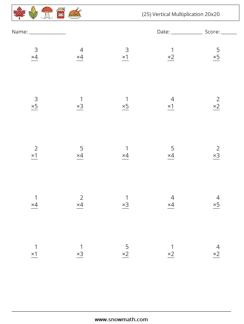 (25) Vertical Multiplication 20x20 Maths Worksheets 13