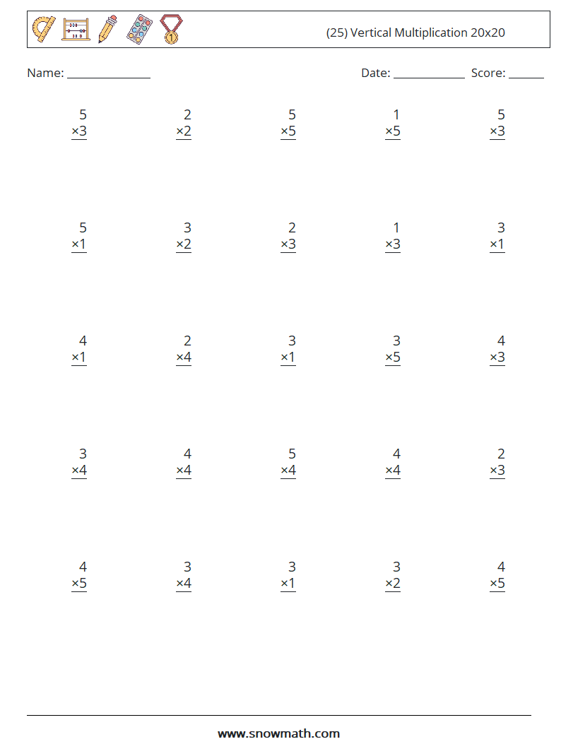 (25) Vertical Multiplication 20x20 Maths Worksheets 14