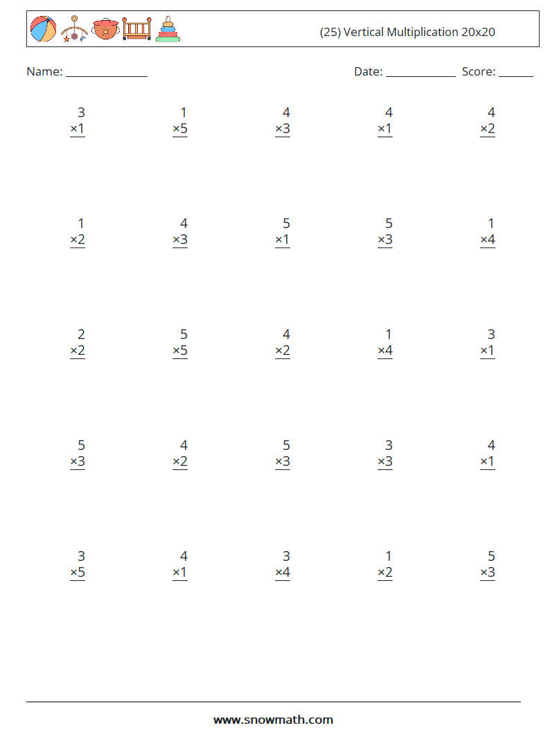 (25) Vertical Multiplication 20x20 Maths Worksheets 15