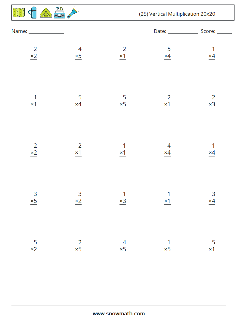 (25) Vertical Multiplication 20x20 Maths Worksheets 16