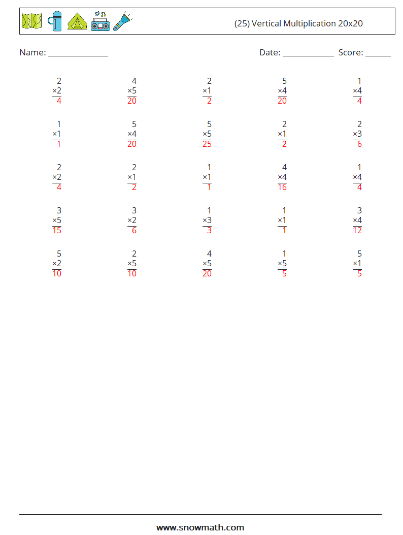 (25) Vertical Multiplication 20x20 Maths Worksheets 16 Question, Answer