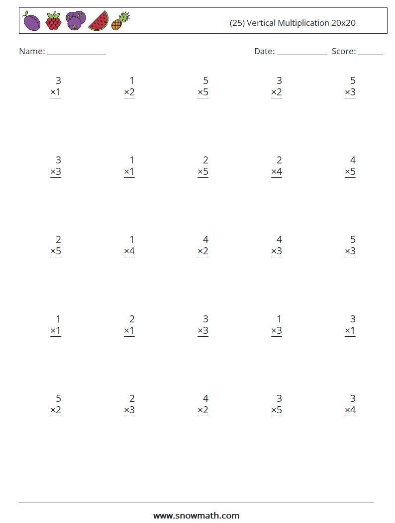 (25) Vertical Multiplication 20x20 Maths Worksheets 18