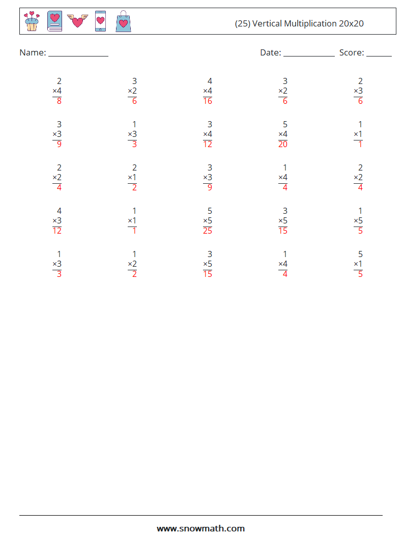 (25) Vertical Multiplication 20x20 Maths Worksheets 1 Question, Answer