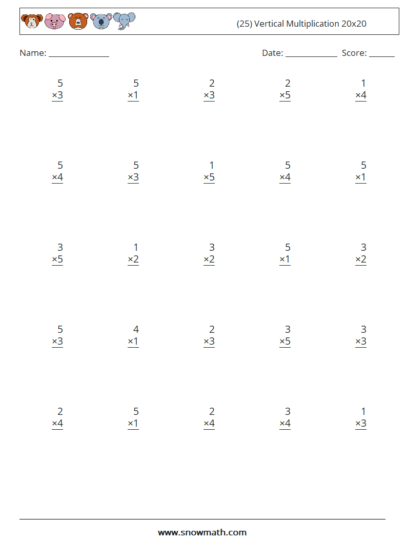 (25) Vertical Multiplication 20x20 Maths Worksheets 2