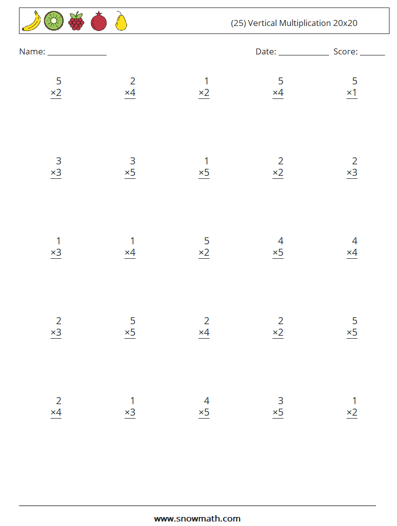 (25) Vertical Multiplication 20x20 Maths Worksheets 3