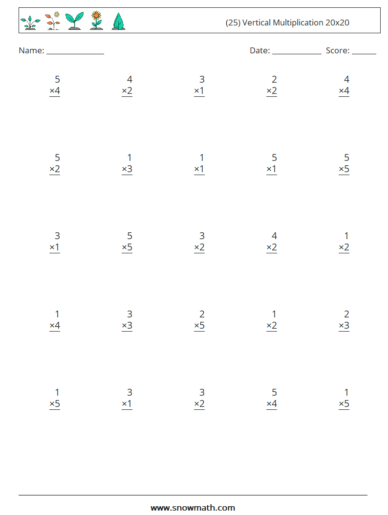 (25) Vertical Multiplication 20x20 Maths Worksheets 6