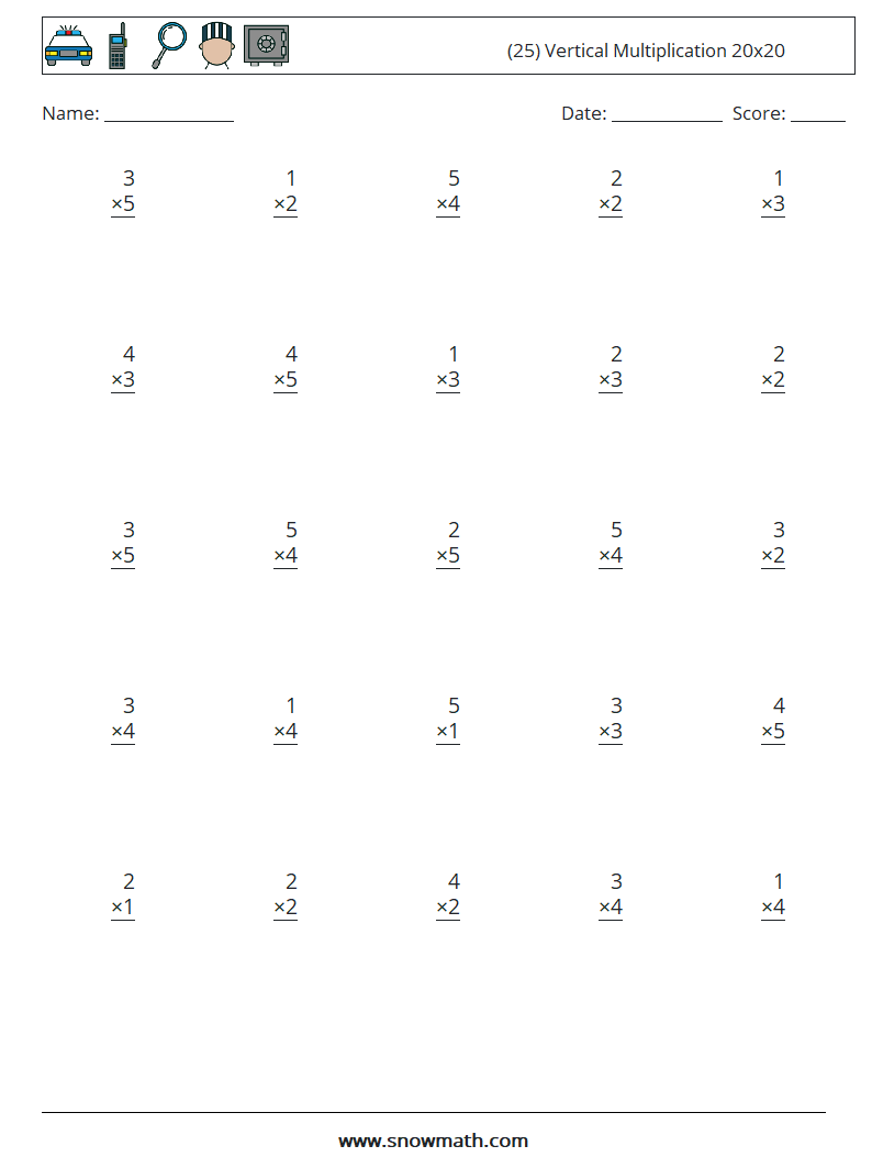 (25) Vertical Multiplication 20x20 Maths Worksheets 7