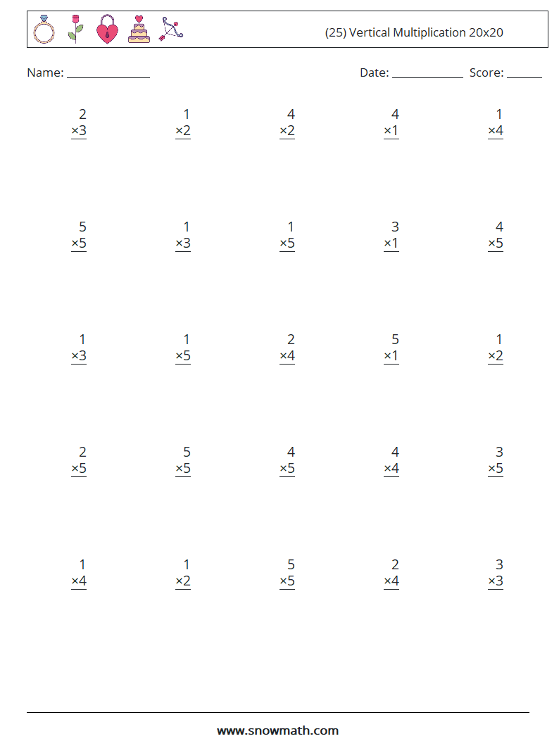 (25) Vertical Multiplication 20x20 Maths Worksheets 8