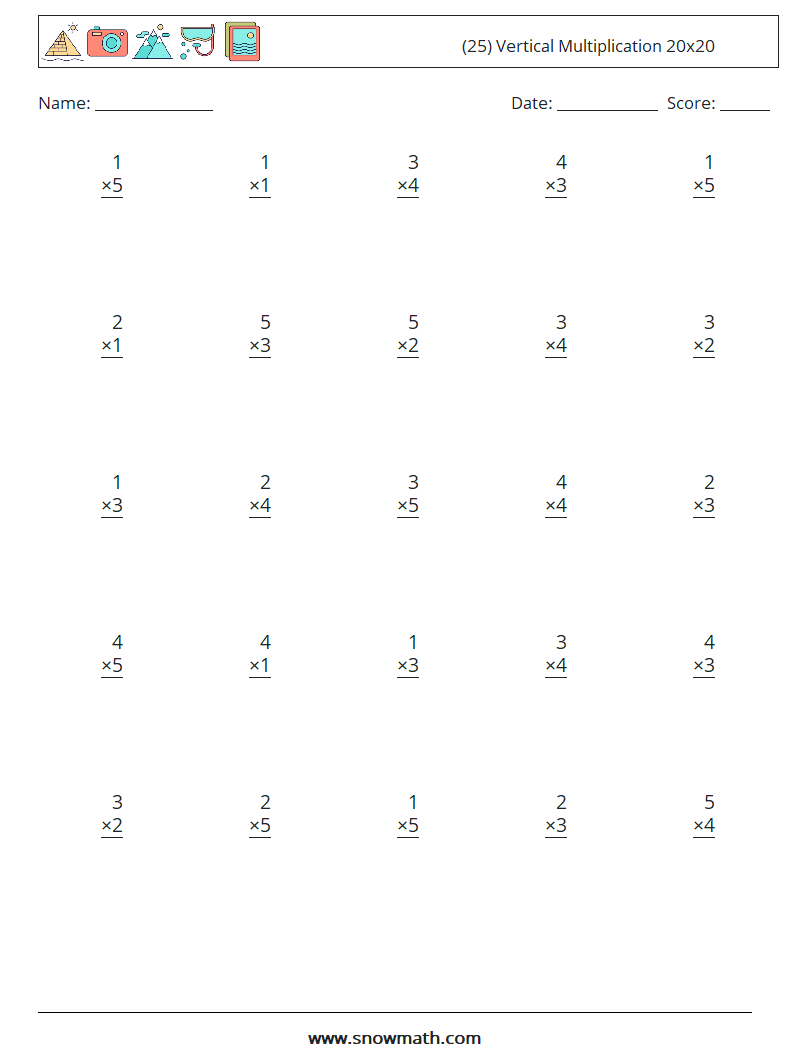 (25) Vertical Multiplication 20x20 Maths Worksheets 9