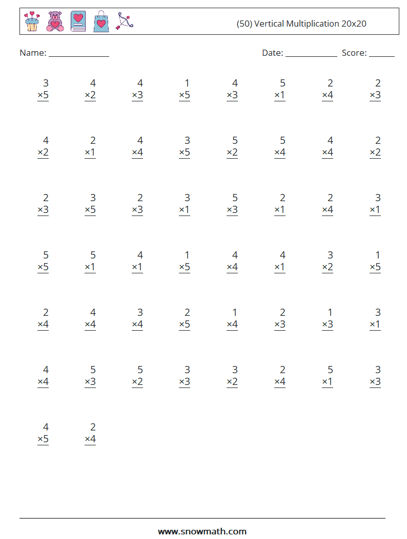 (50) Vertical Multiplication 20x20 Maths Worksheets 11