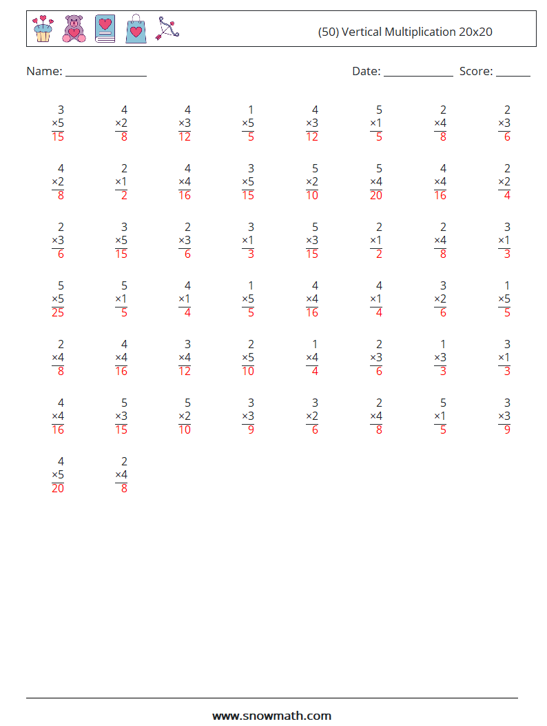 (50) Vertical Multiplication 20x20 Maths Worksheets 11 Question, Answer