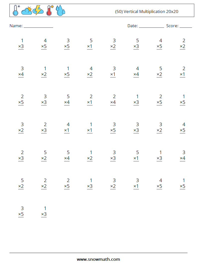 (50) Vertical Multiplication 20x20 Maths Worksheets 12