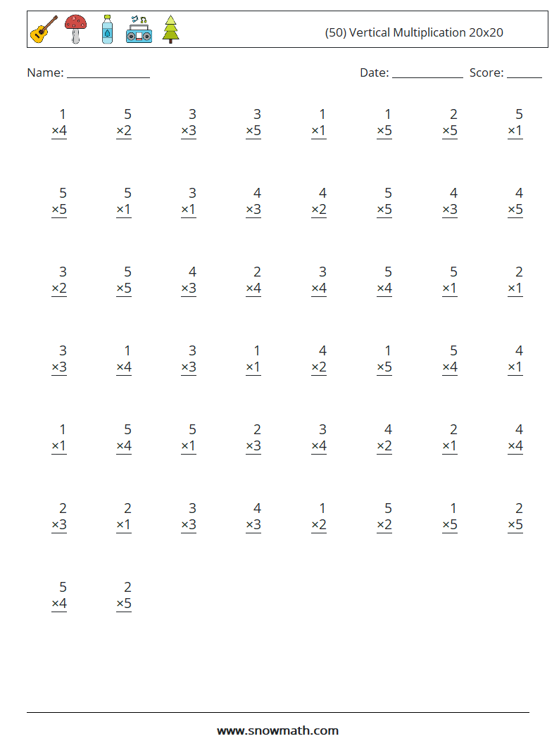 (50) Vertical Multiplication 20x20 Maths Worksheets 14