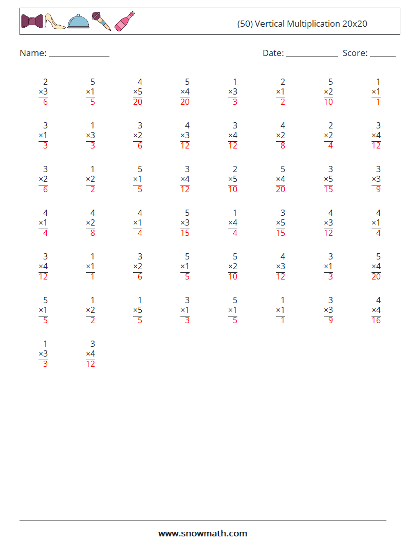 (50) Vertical Multiplication 20x20 Maths Worksheets 17 Question, Answer