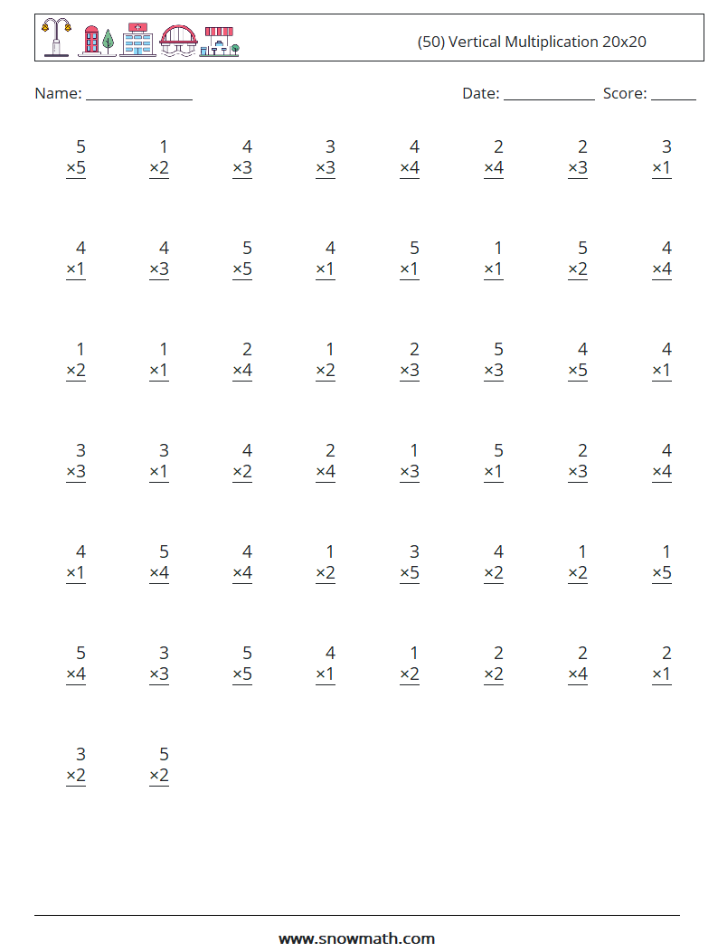 (50) Vertical Multiplication 20x20 Maths Worksheets 18