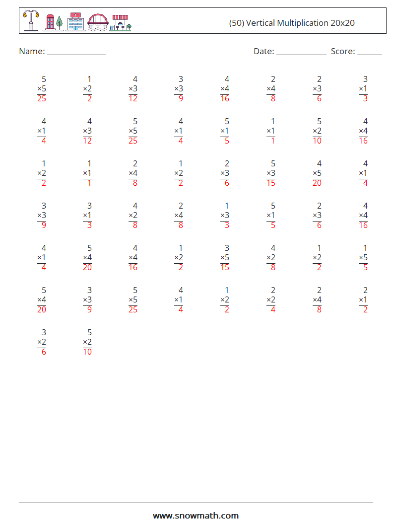 (50) Vertical Multiplication 20x20 Maths Worksheets 18 Question, Answer