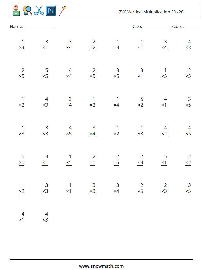 (50) Vertical Multiplication 20x20 Maths Worksheets 2