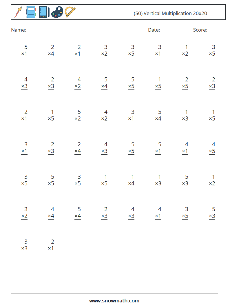 (50) Vertical Multiplication 20x20 Maths Worksheets 3