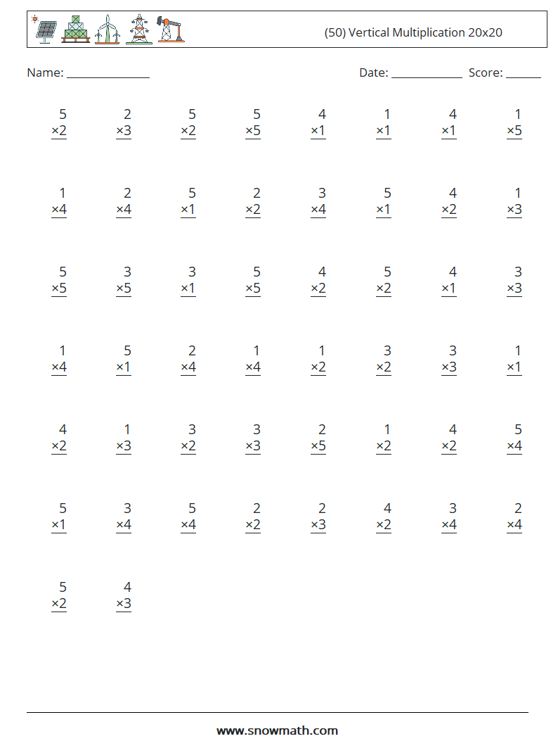 (50) Vertical Multiplication 20x20 Maths Worksheets 4