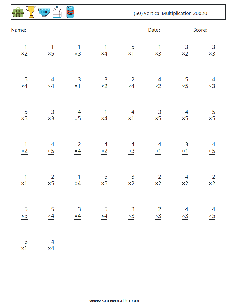 (50) Vertical Multiplication 20x20 Maths Worksheets 6