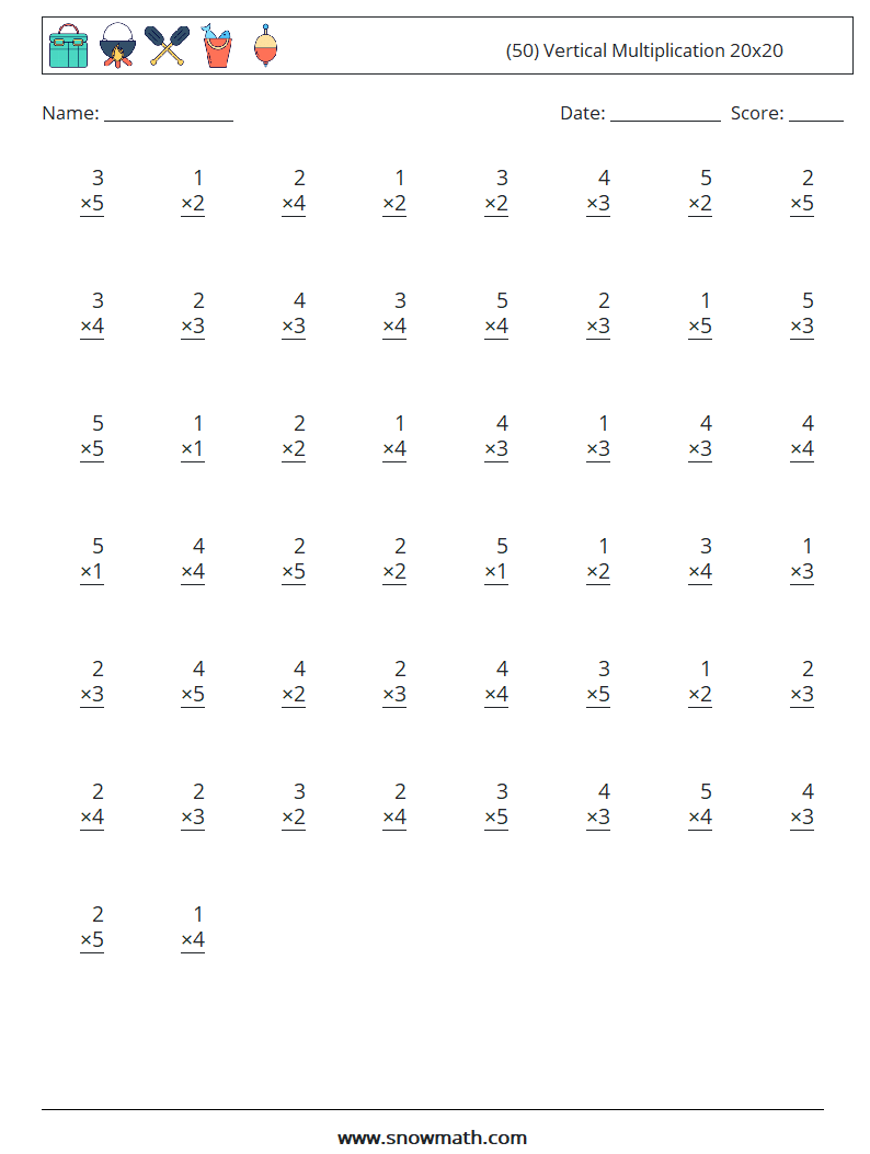 (50) Vertical Multiplication 20x20 Maths Worksheets 7