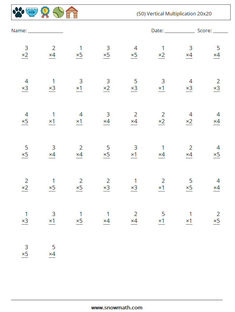 (50) Vertical Multiplication 20x20 Maths Worksheets 9