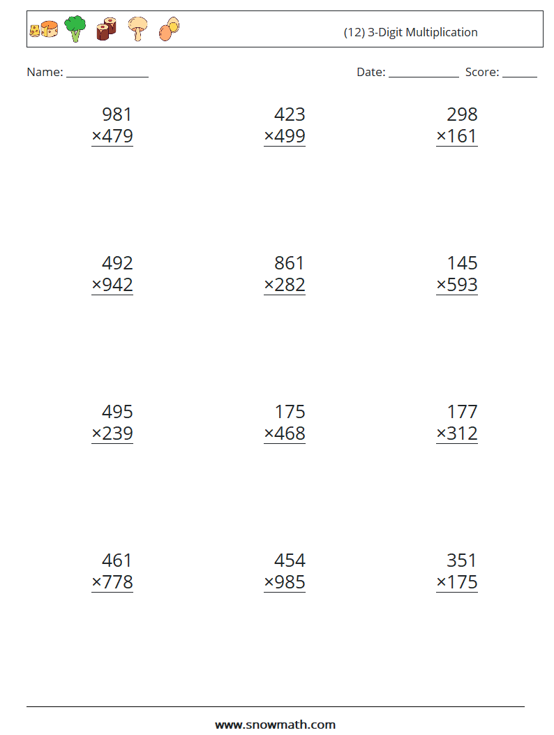 (12) 3-Digit Multiplication Maths Worksheets 12