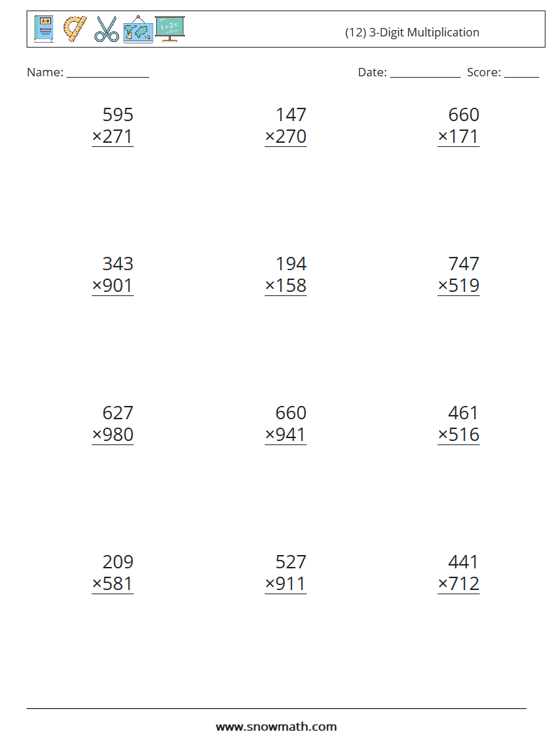 (12) 3-Digit Multiplication Maths Worksheets 13