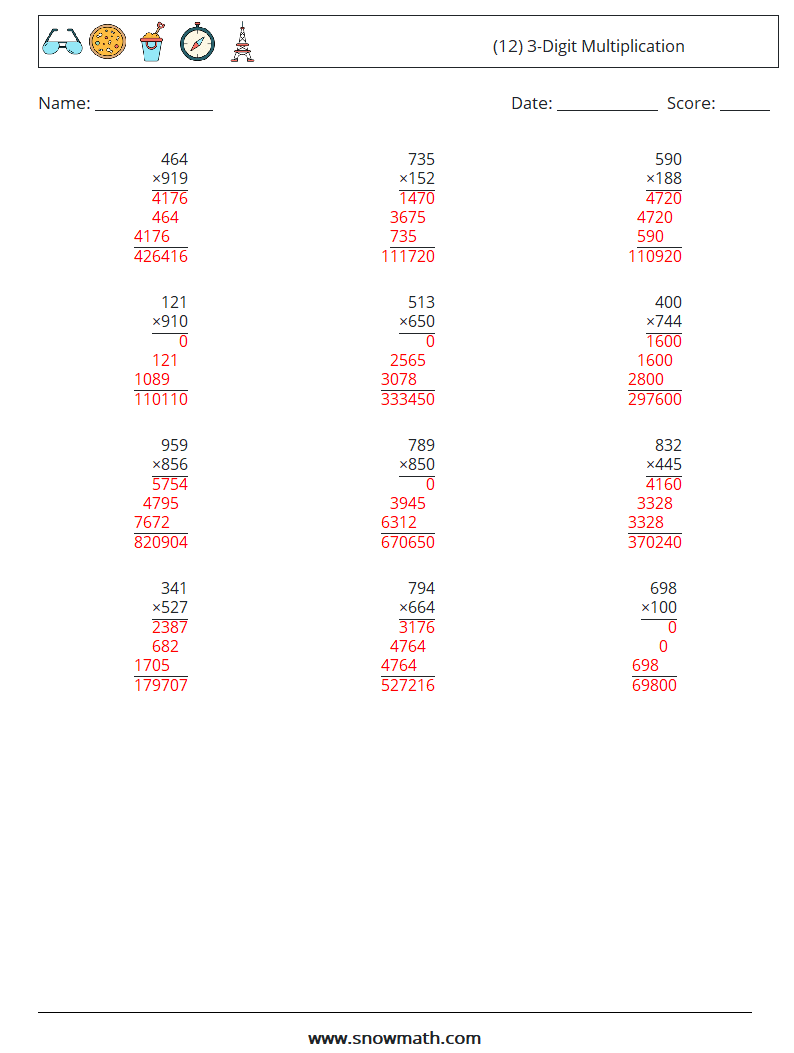 (12) 3-Digit Multiplication Maths Worksheets 14 Question, Answer