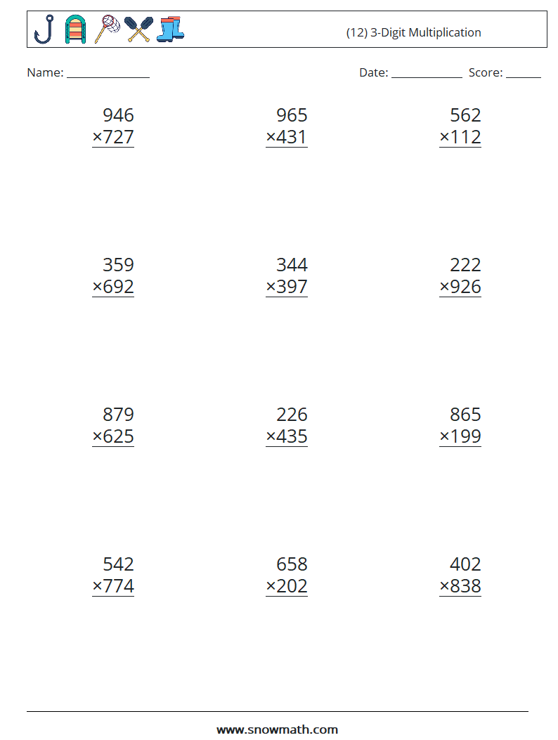 (12) 3-Digit Multiplication Maths Worksheets 15