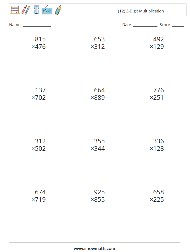 (12) 3-Digit Multiplication Maths Worksheets 16