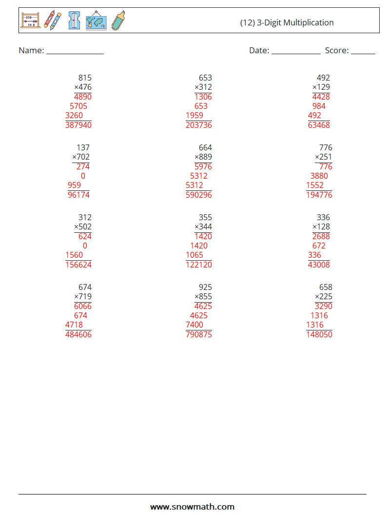 (12) 3-Digit Multiplication Maths Worksheets 16 Question, Answer