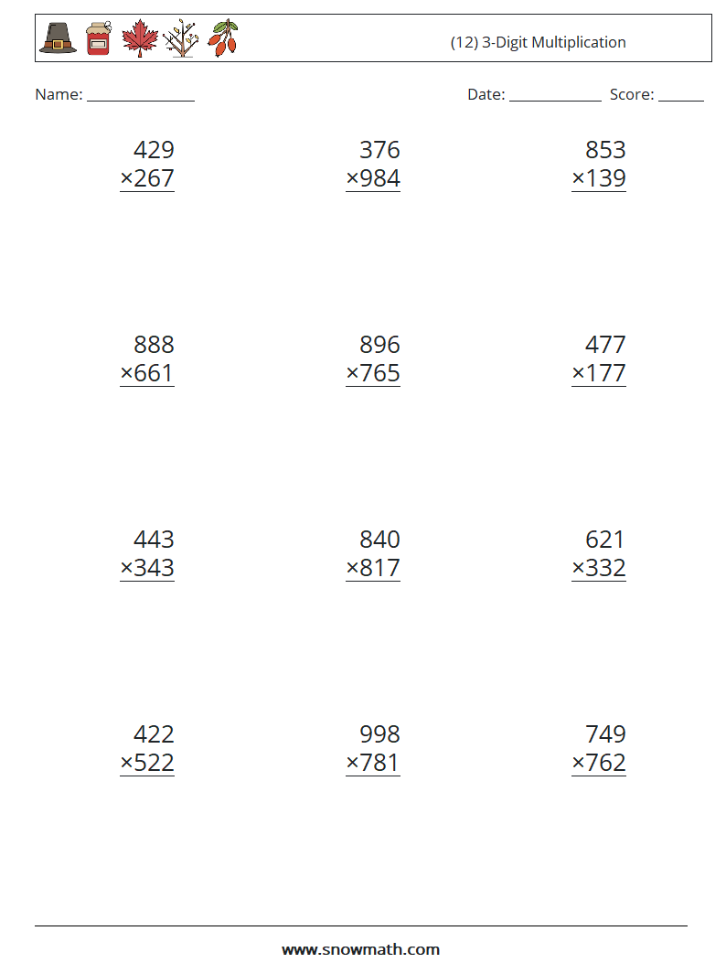 (12) 3-Digit Multiplication Maths Worksheets 17
