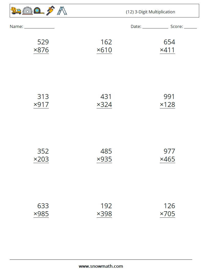 (12) 3-Digit Multiplication Maths Worksheets 5