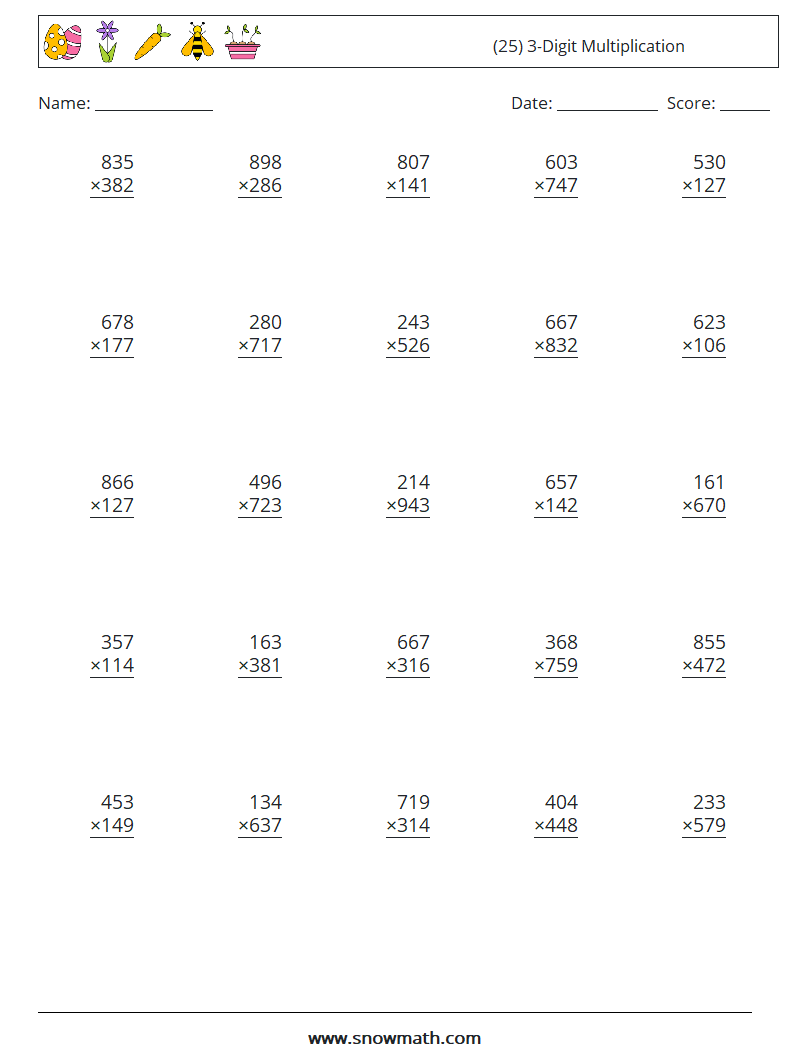 (25) 3-Digit Multiplication Maths Worksheets 1