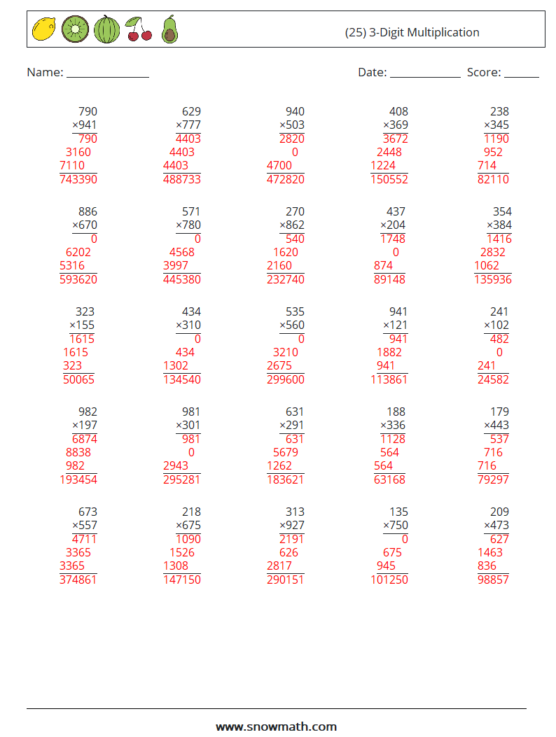 (25) 3-Digit Multiplication Maths Worksheets 10 Question, Answer