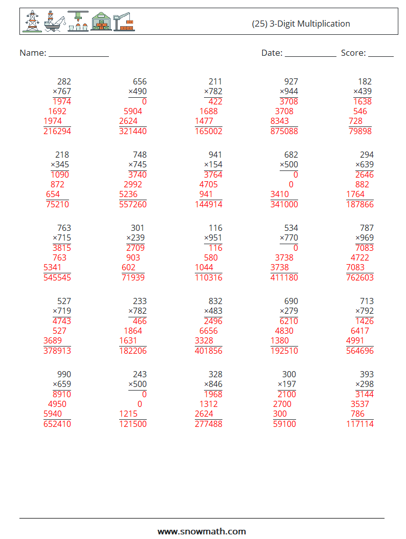 (25) 3-Digit Multiplication Maths Worksheets 11 Question, Answer