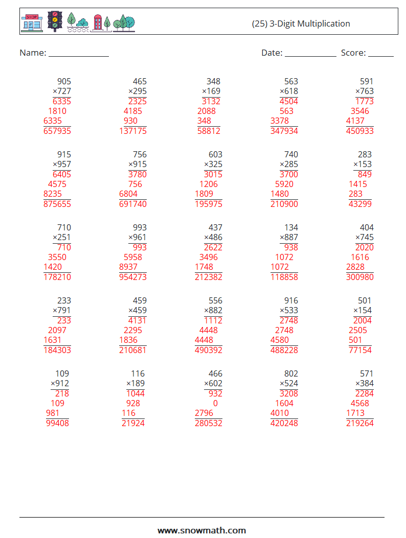 (25) 3-Digit Multiplication Maths Worksheets 12 Question, Answer