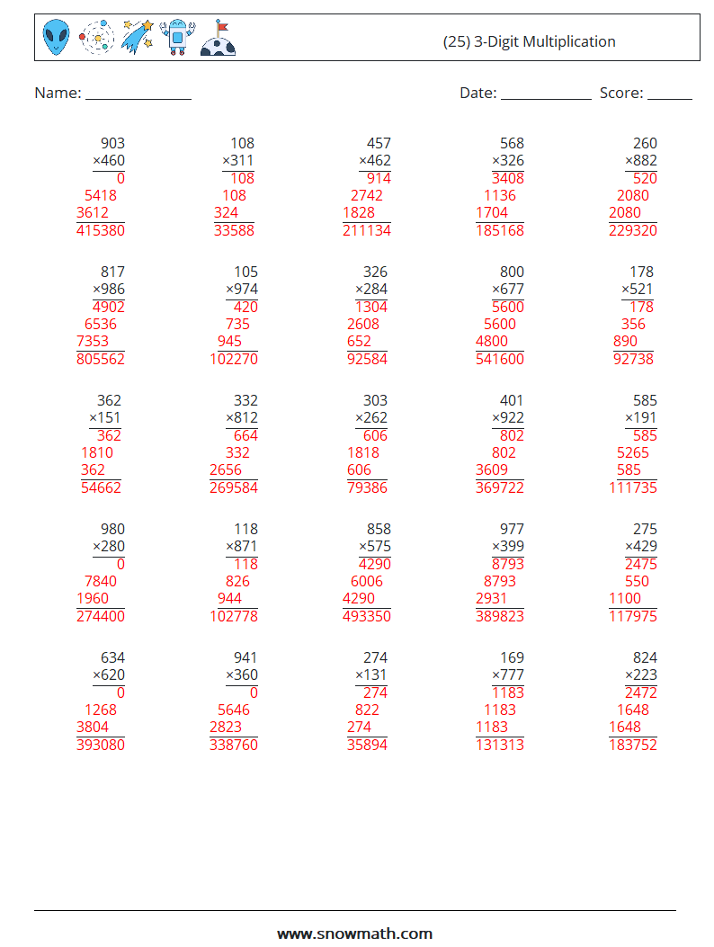 (25) 3-Digit Multiplication Maths Worksheets 13 Question, Answer