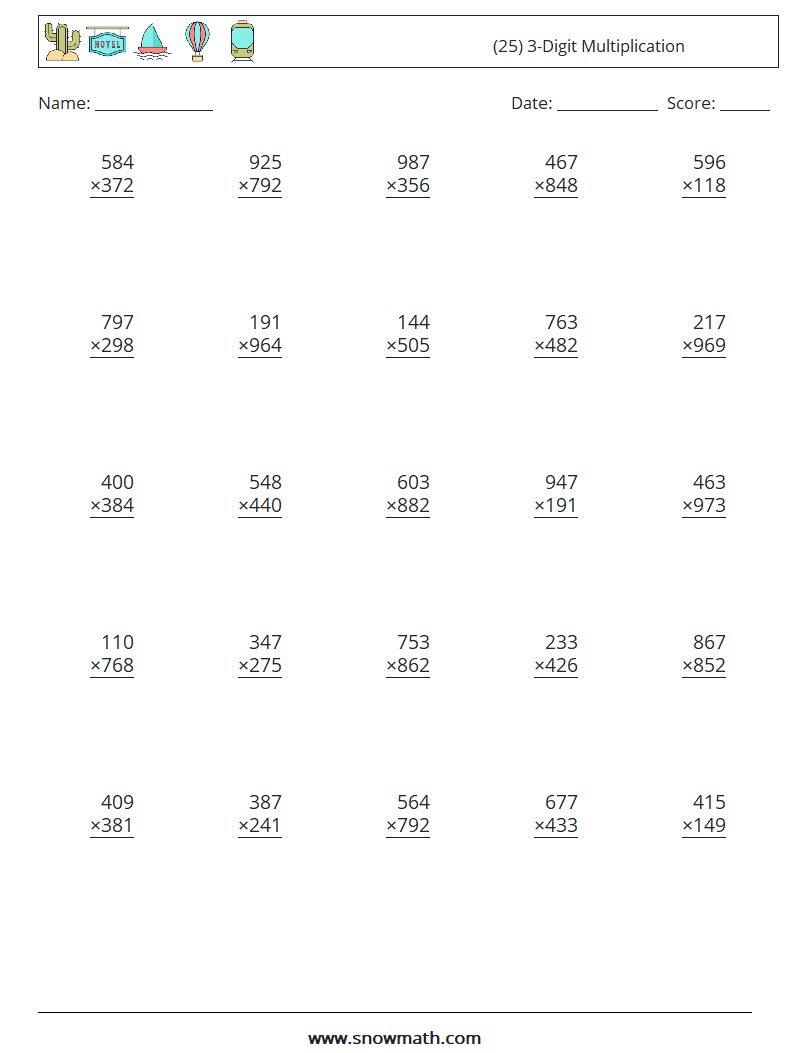 (25) 3-Digit Multiplication Maths Worksheets 14