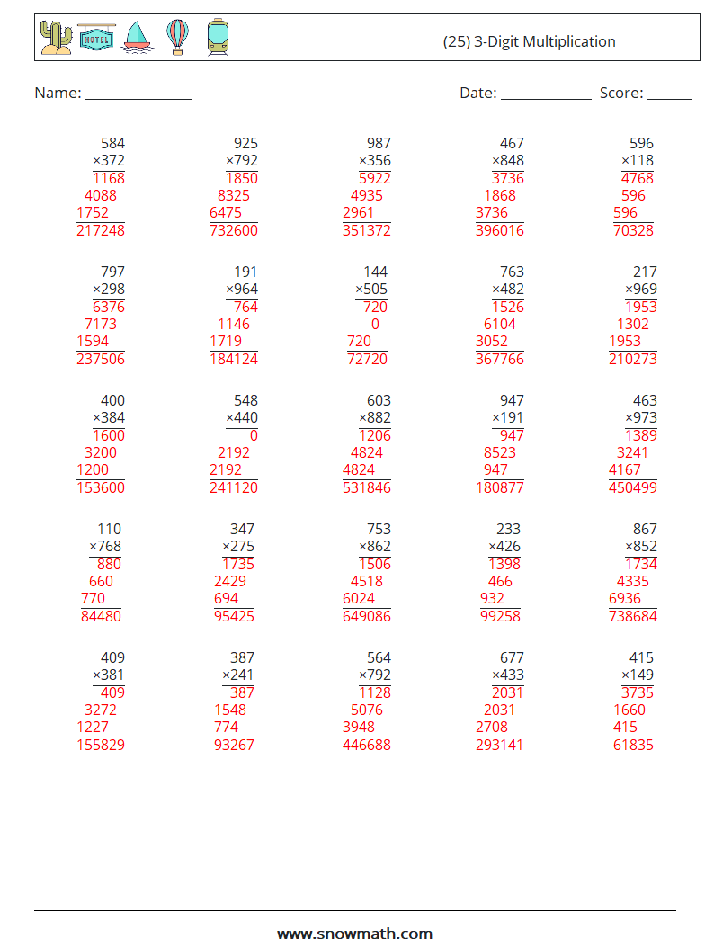 (25) 3-Digit Multiplication Maths Worksheets 14 Question, Answer