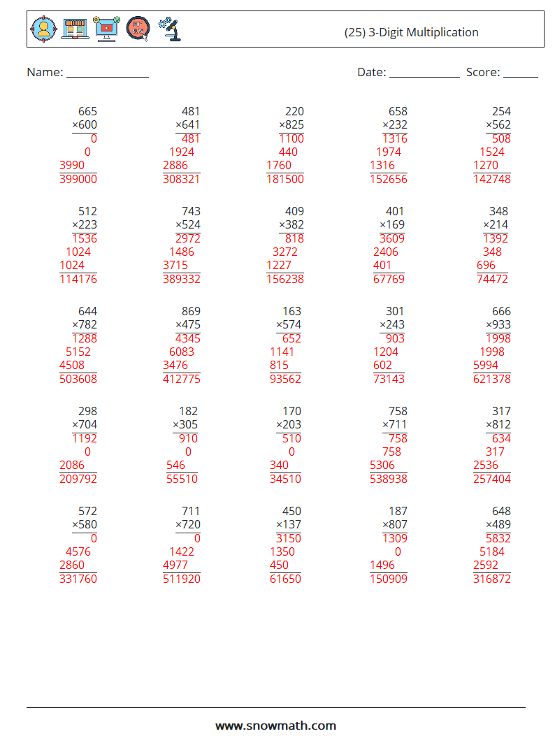 (25) 3-Digit Multiplication Maths Worksheets 15 Question, Answer