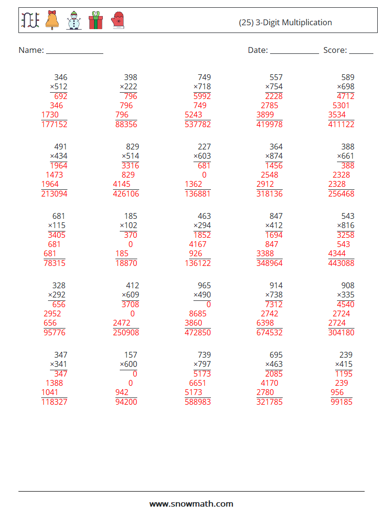 (25) 3-Digit Multiplication Maths Worksheets 16 Question, Answer