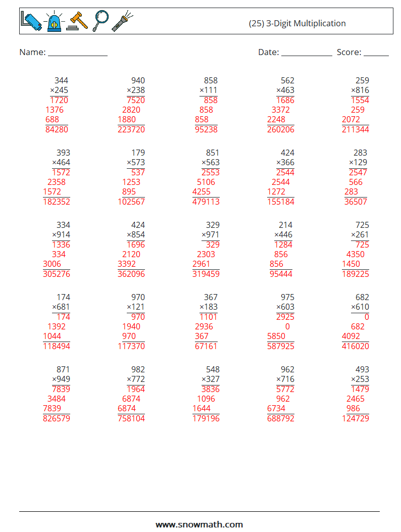 (25) 3-Digit Multiplication Maths Worksheets 17 Question, Answer