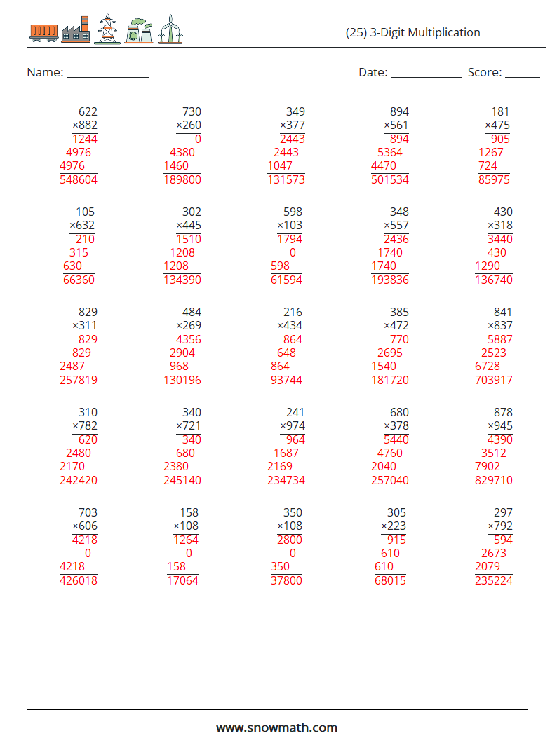 (25) 3-Digit Multiplication Maths Worksheets 18 Question, Answer