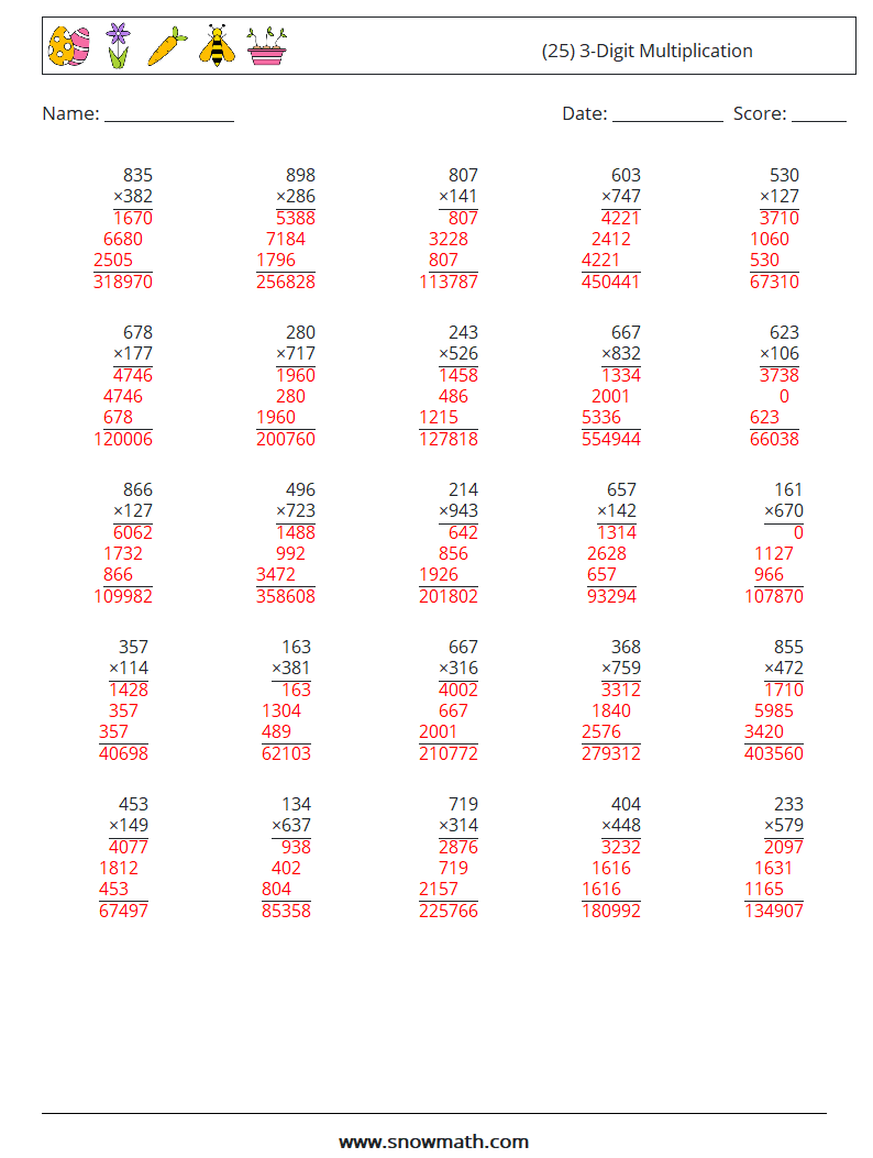 (25) 3-Digit Multiplication Maths Worksheets 1 Question, Answer