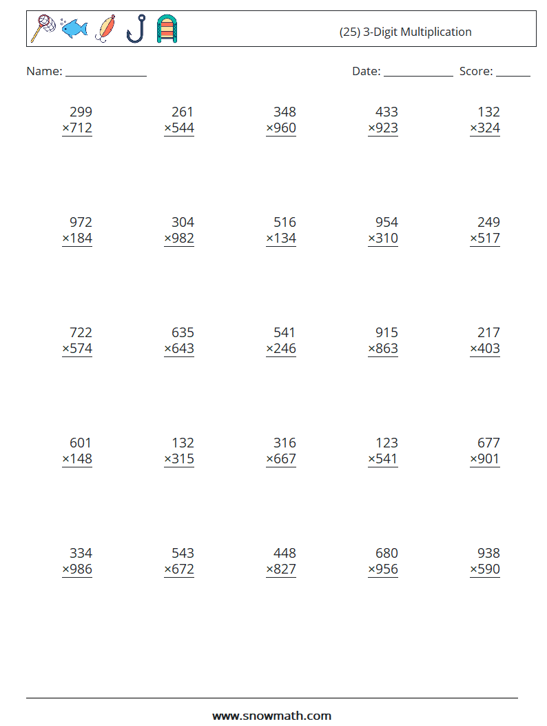(25) 3-Digit Multiplication Maths Worksheets 2