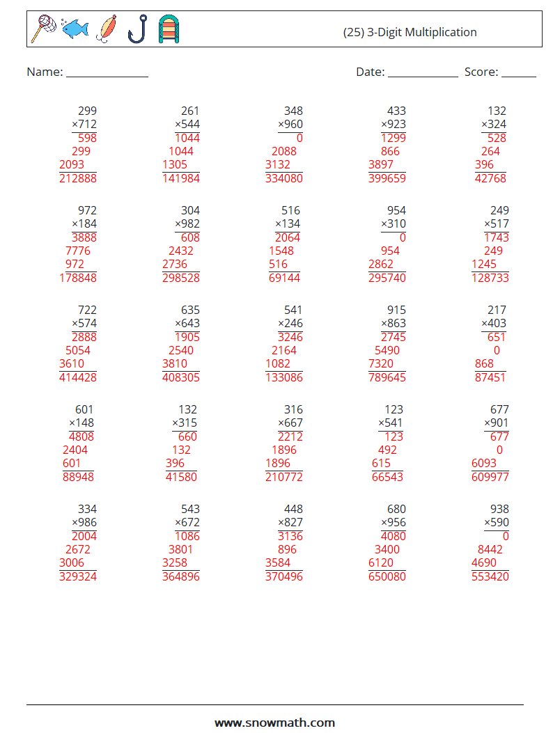 (25) 3-Digit Multiplication Maths Worksheets 2 Question, Answer